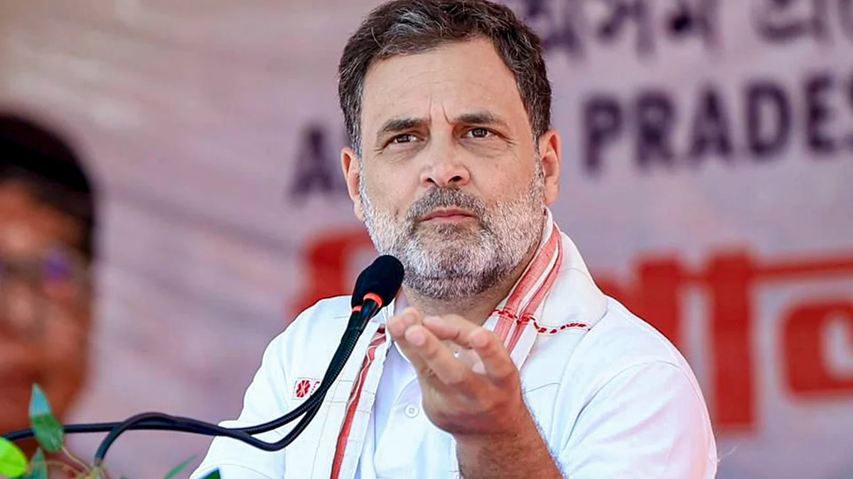 Rahul Gandhi addresses a public meeting in Golaghat, Assam.
