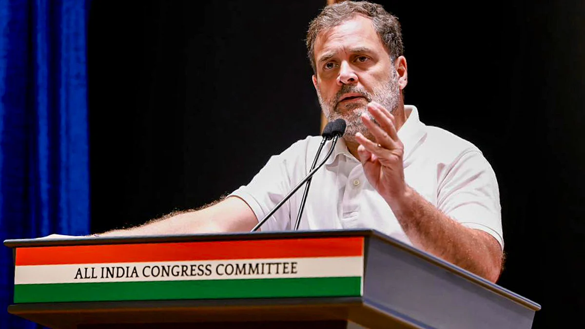 Rahul Gandhi addresses a meeting in New Delhi.