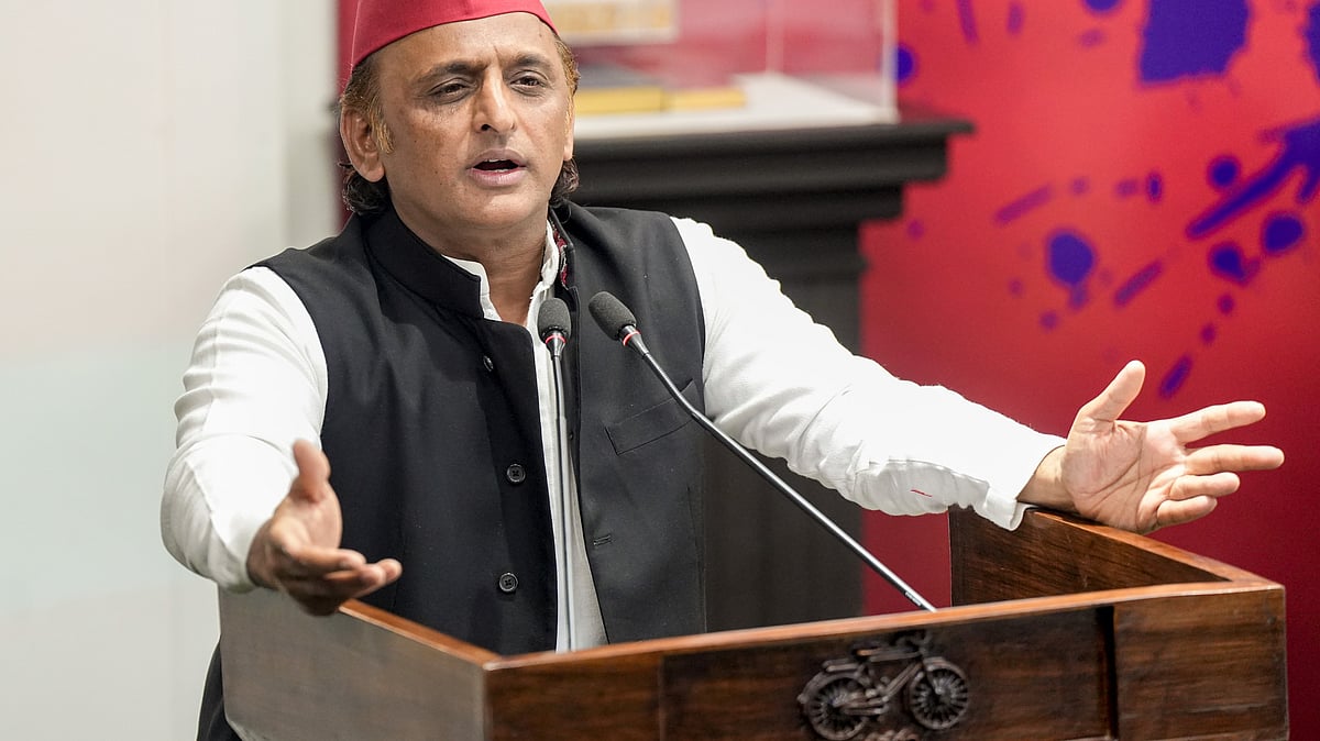 SP chief Akhilesh Yadav addresses a press conference in Lucknow.