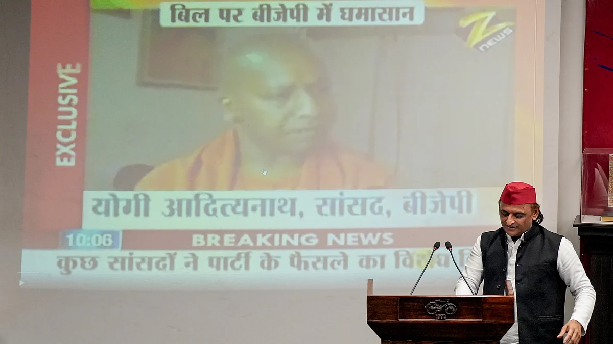 Akhilesh Yadav during a press conference at party office in Lucknow.