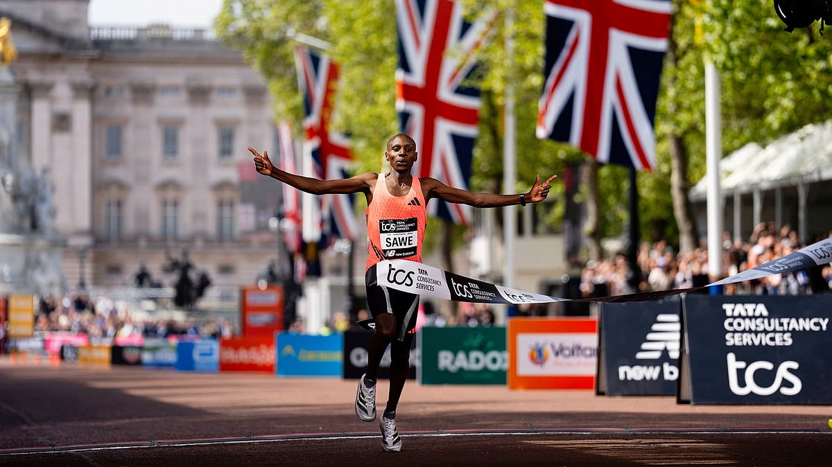 Historic finish: Sabastian Sawe clocked a sub-two hour finish in London Marathon 