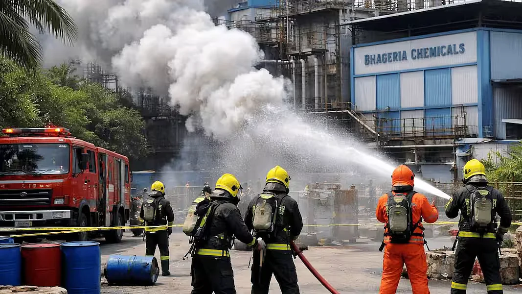 Firefighters respond at the site of a gas leak in Pune.
