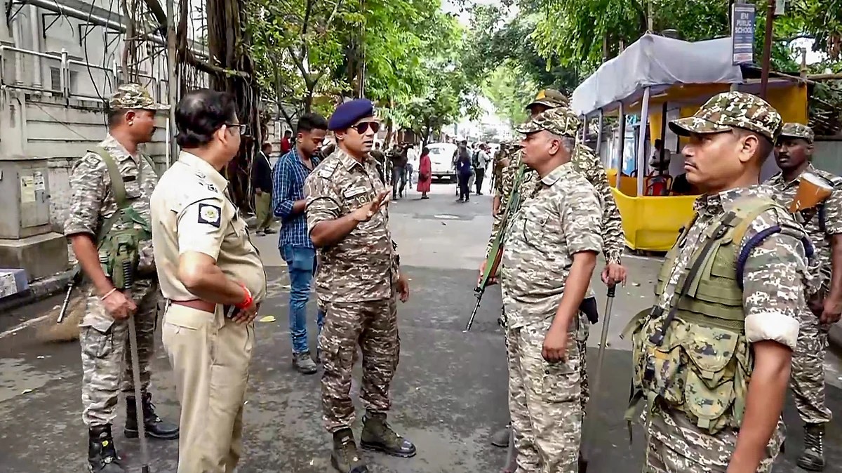 Security forces deployed outside the counting centre at Bhabanipur constituency.
