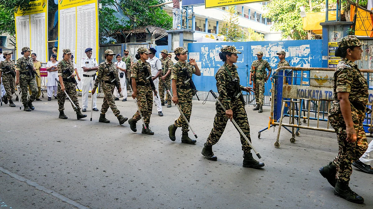 Security personnel outside the strongroom where Mamata Banerjee spent nearly four hours on Thursday