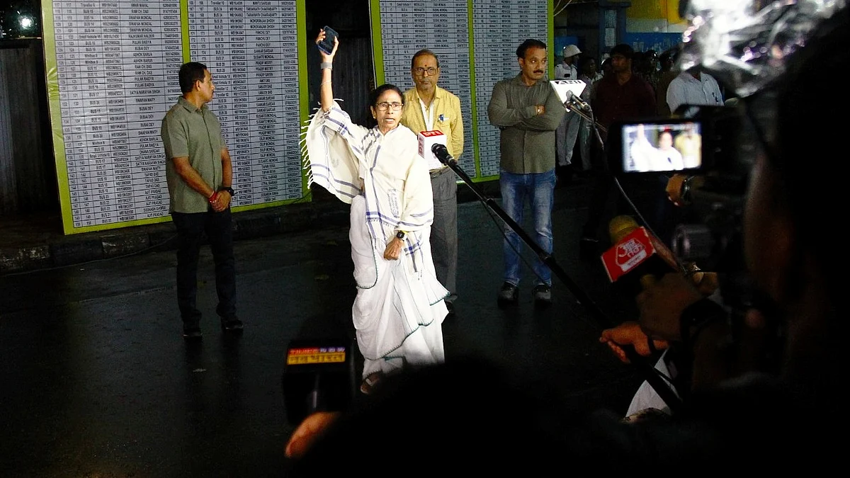 Mamata Banerjee during a visit to a counting centre ahead of Assembly election results, in Kolkata, 1 May