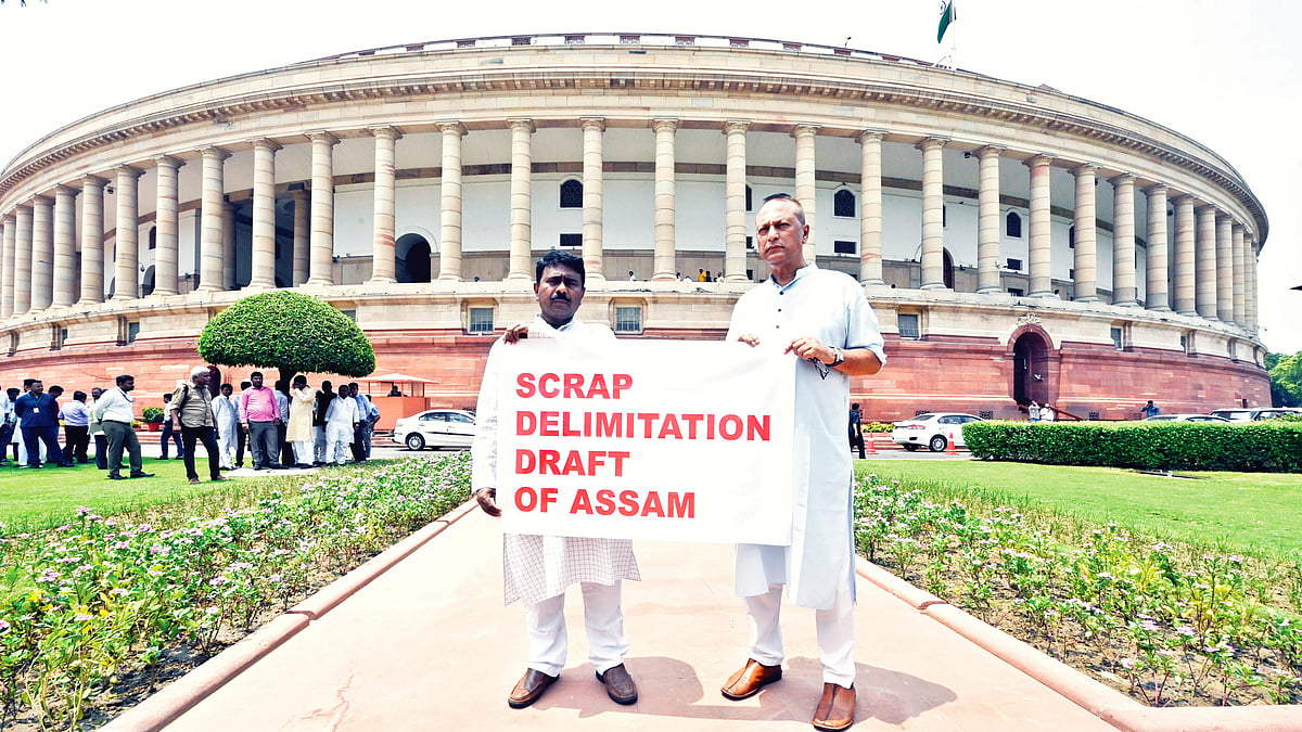 Assam Congress MPs Pradyut Bordoloi and Abdul Khaliq protest delimitation outside Parliament