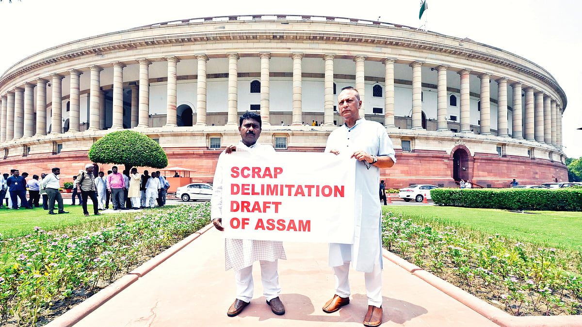 Assam Congress MPs Pradyut Bordoloi and Abdul Khaliq protest delimitation outside Parliament