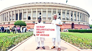 Assam Congress MPs Pradyut Bordoloi and Abdul Khaliq protest delimitation outside Parliament
