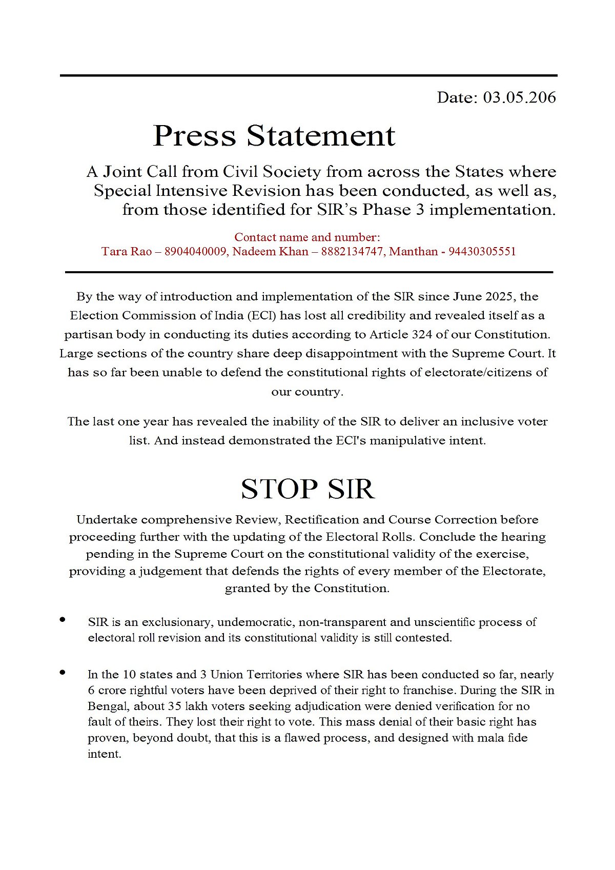 Over 300 civil society members slam SIR, question ECI’s credibility
