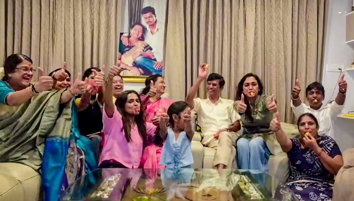 In this screengrab from a video, family members of TVK chief Vijay celebrate his party's success