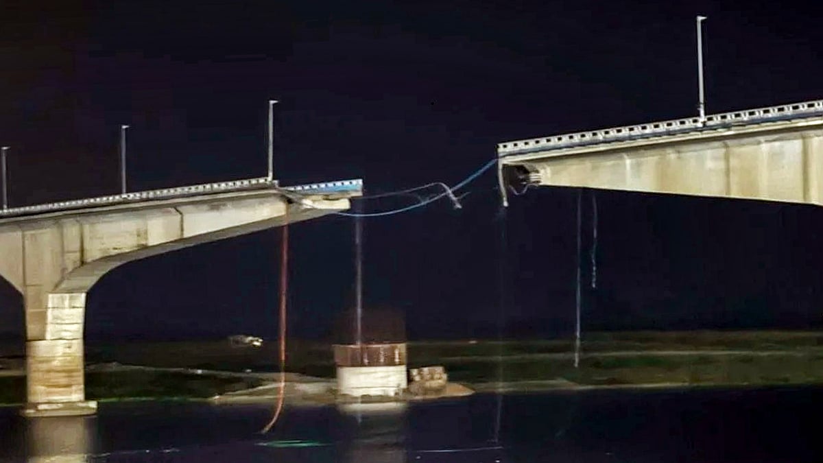 A view of Vikramshila Setu after a portion collapsed into the Ganga River in Bhagalpur.
