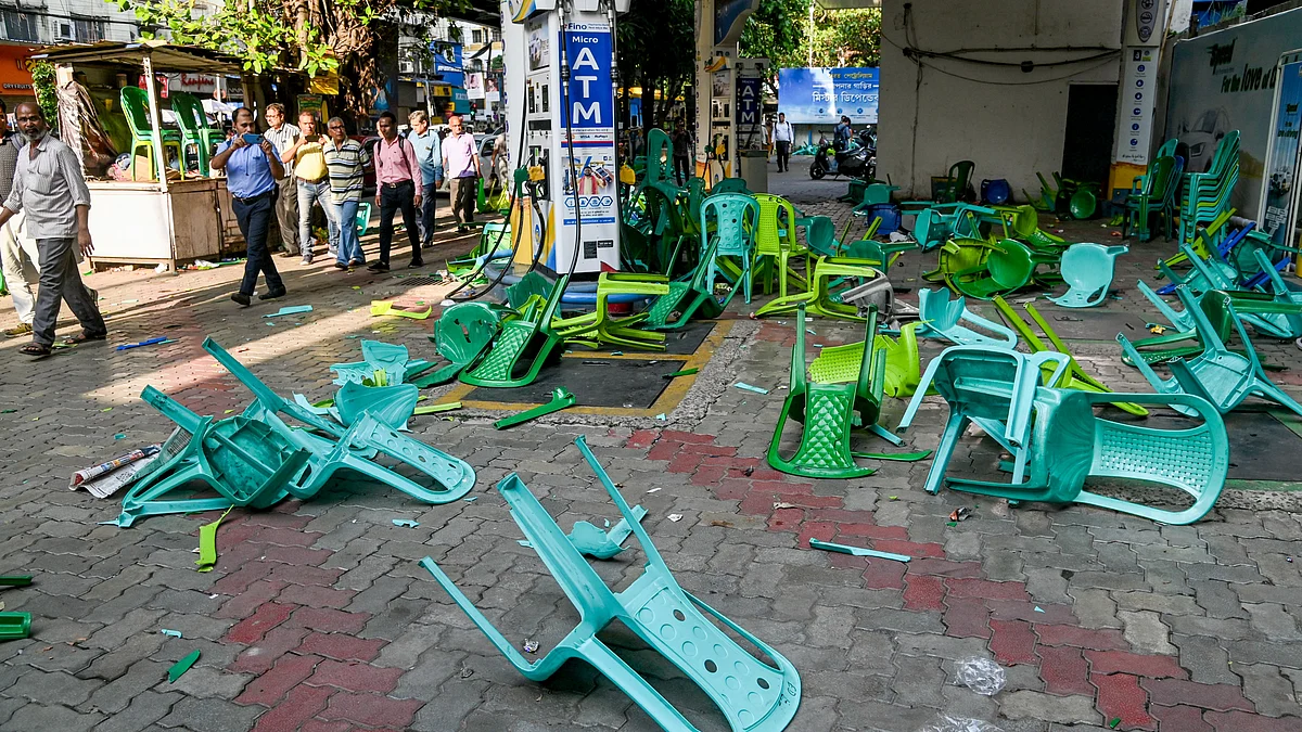 Damaged chairs lie outside the counting centre in Bhabanipur.