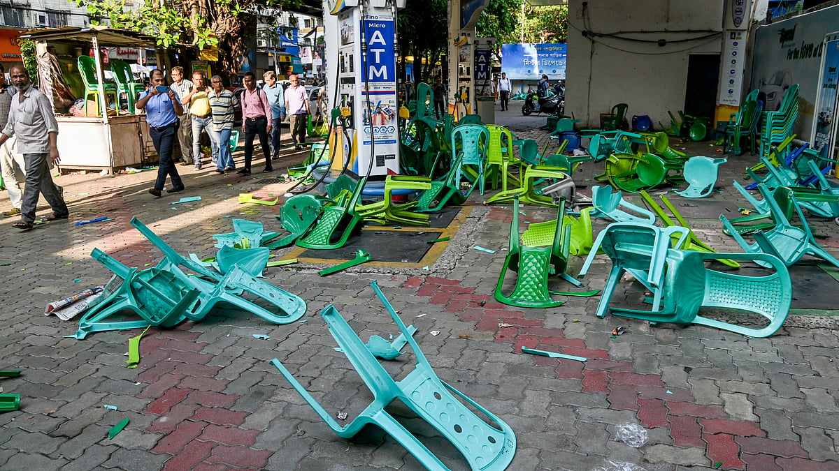 Damaged chairs lie outside the counting centre in Bhabanipur.