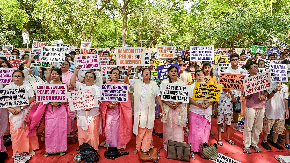 A protest on the third anniversary of the Manipur conflict, in New Delhi, 3 May