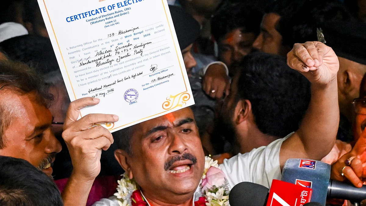 Suvendu Adhikari with his certificate of election in Kolkata, 4 May