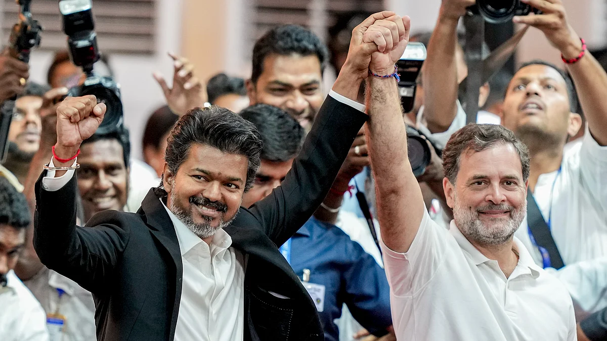 C. Joseph Vijay with Rahul Gandhi at Jawaharlal Nehru Stadium in Chennai.