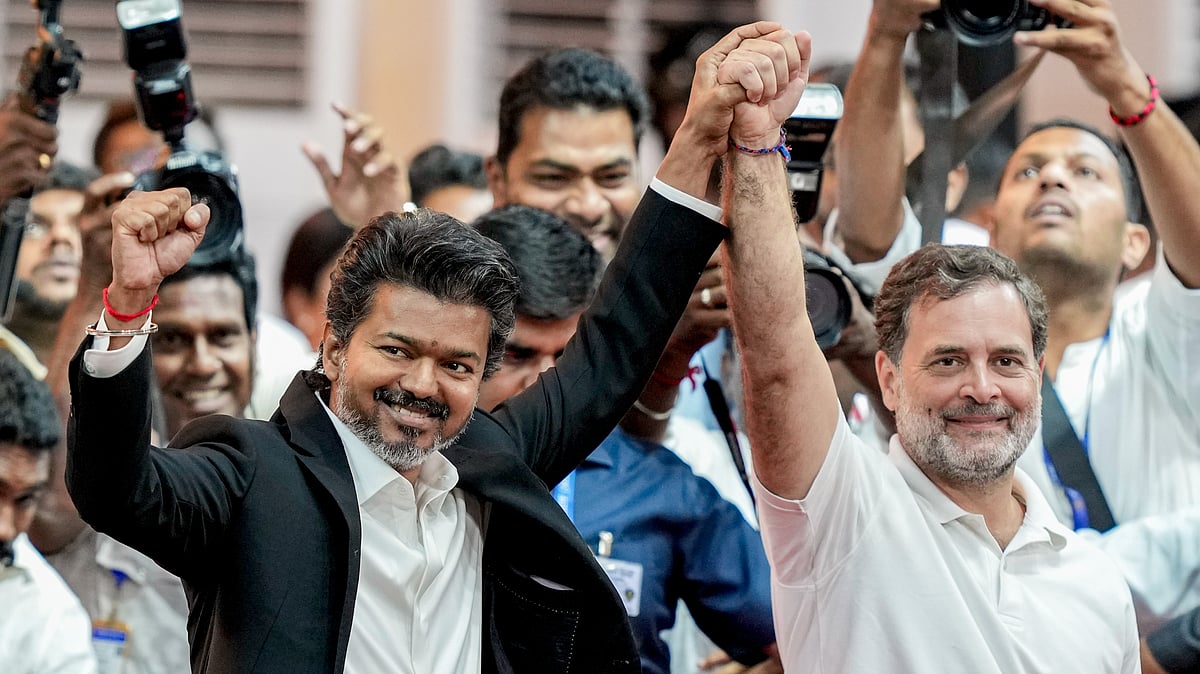 C. Joseph Vijay with Rahul Gandhi at Jawaharlal Nehru Stadium in Chennai.
