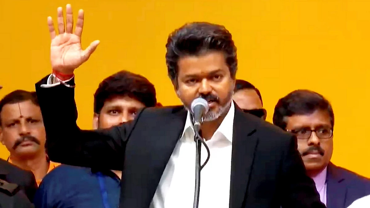 C. Joseph Vijay takes the oath as chief minister of Tamil Nadu.