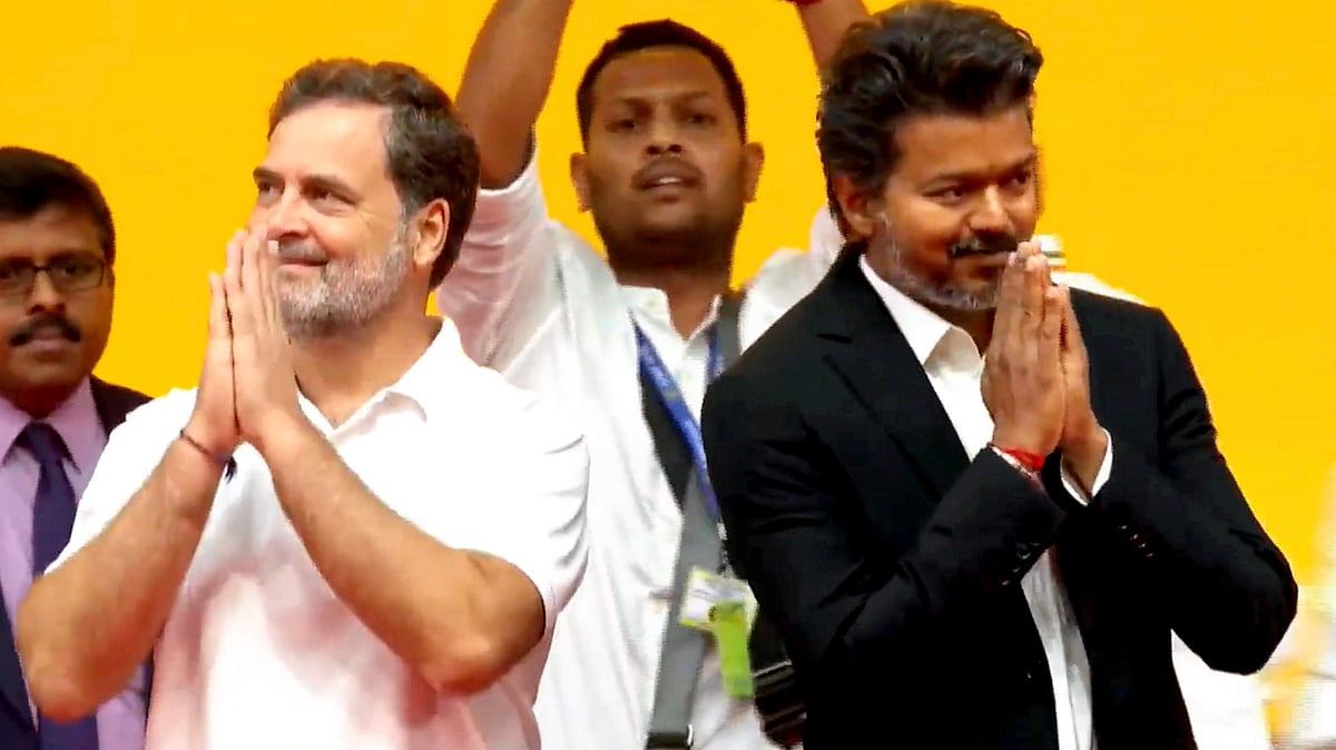 Rahul Gandhi with C. Joseph Vijay during the swearing-in ceremony in Chennai.