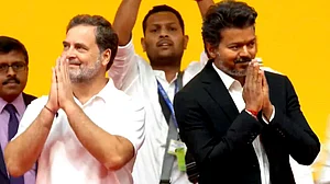 Rahul Gandhi with C. Joseph Vijay during the swearing-in ceremony in Chennai.