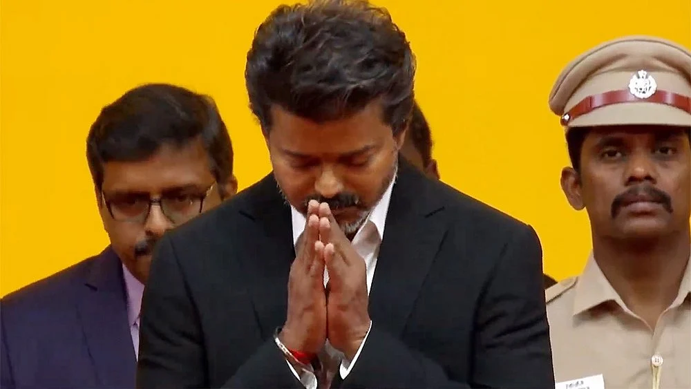 C. Joseph Vijay during his swearing-in ceremony in Chennai.