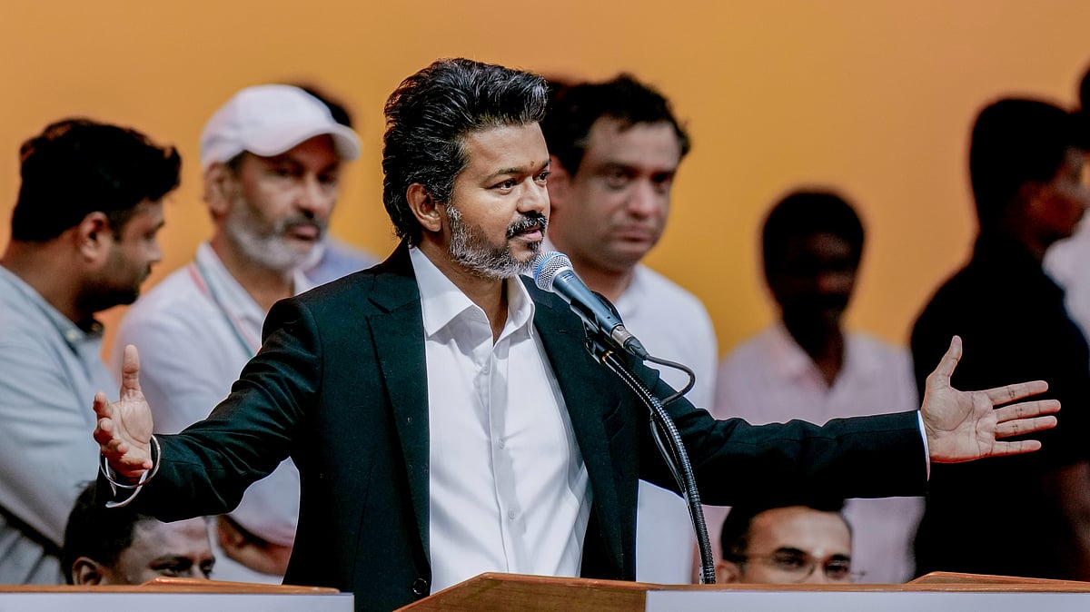 C. Joseph Vijay during the swearing-in ceremony at Jawaharlal Nehru Stadium in Chennai.