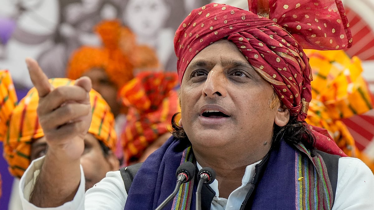 SP president Akhilesh Yadav addresses a press conference at party office in Lucknow.
