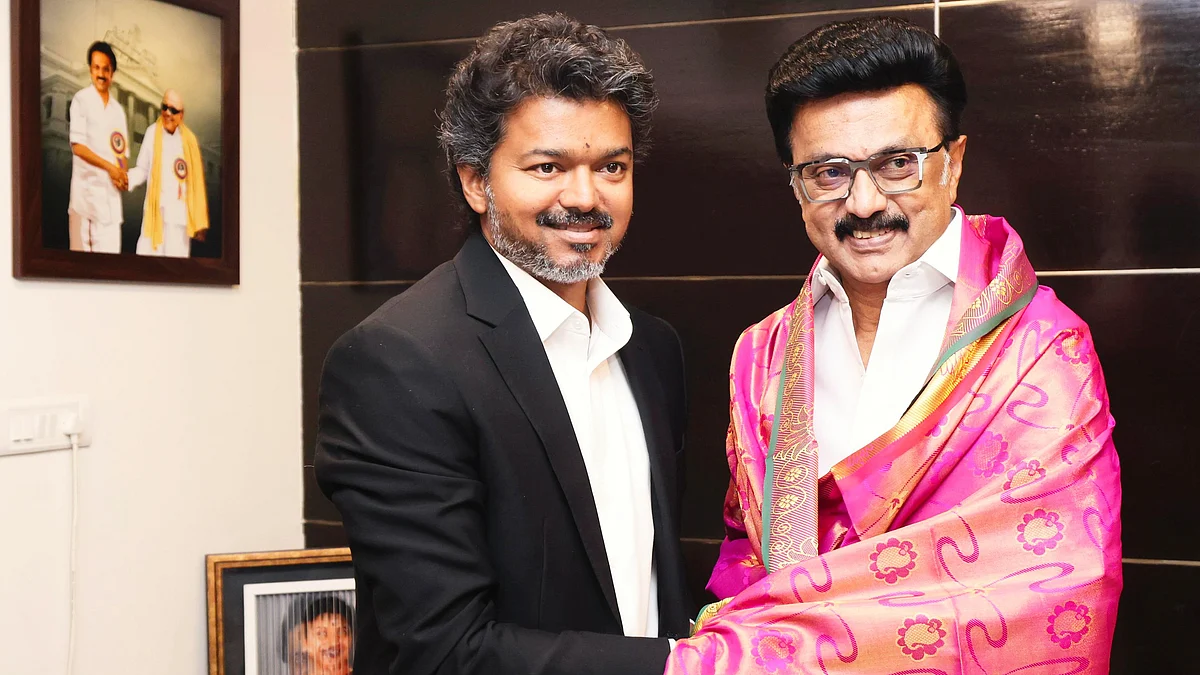 New Tamil Nadu CM Vijay felicitates former CM Stalin during their meeting on 11 May