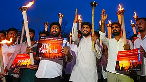 An NSUI protest against the cancellation of NEET-UG 2026 and paper leak, in Bengaluru, 14 May