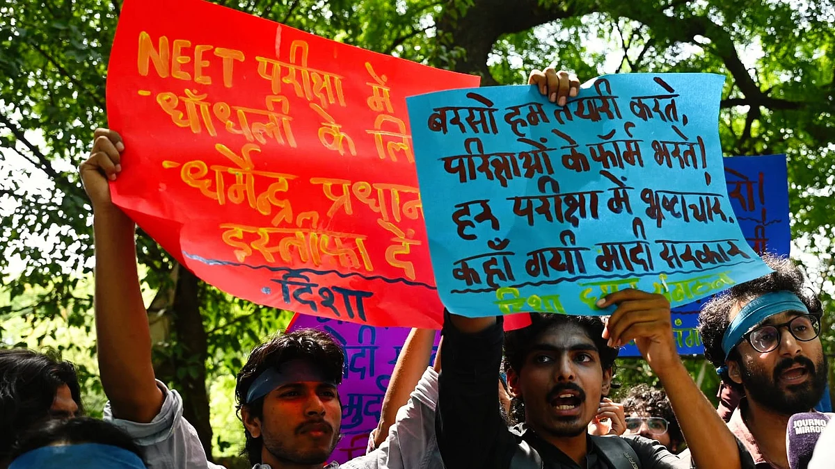 A protest against the NEET-UG paper leak in Delhi, 14 May