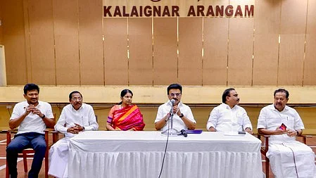 Former Tamil Nadu CM M K Stalin with other senior party members