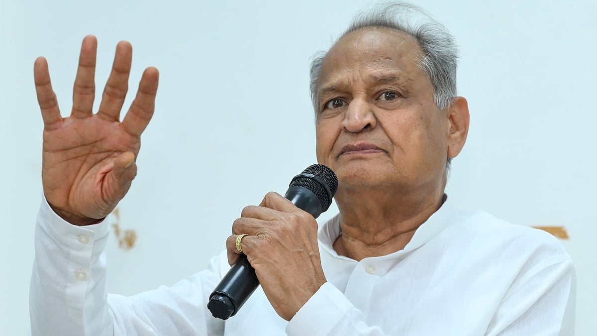 Ashok Gehlot addresses a press conference at his residence in Jaipur.