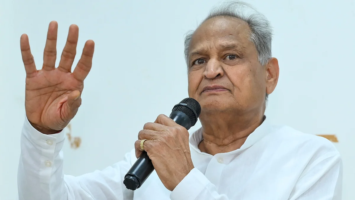 Ashok Gehlot addresses a press conference at his residence in Jaipur.