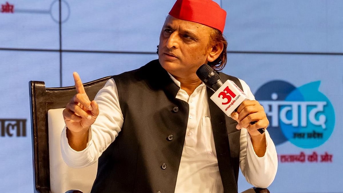 SP chief Akhilesh Yadav attends a press meet.