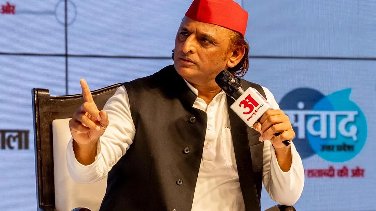 SP chief Akhilesh Yadav attends a press meet.