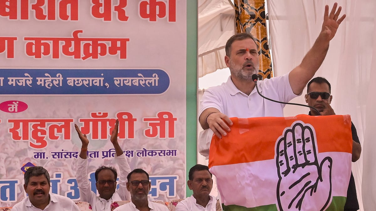 Rahul Gandhi addresses a public meeting in Raebareli.