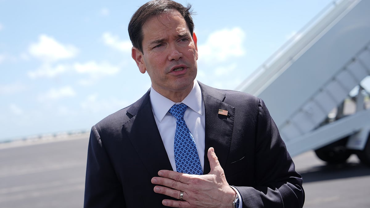 US Secretary of State Marco Rubio speaks to the press before travelling to Sweden, 21 May