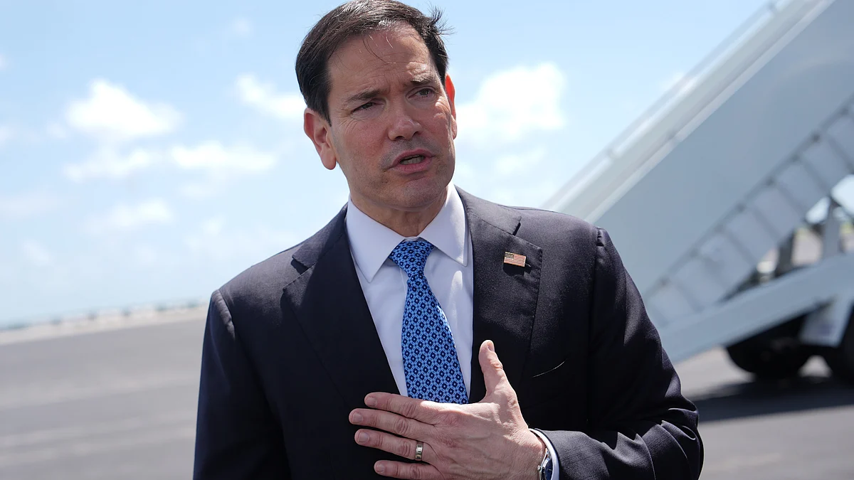 US Secretary of State Marco Rubio speaks to the press before travelling to Sweden, 21 May