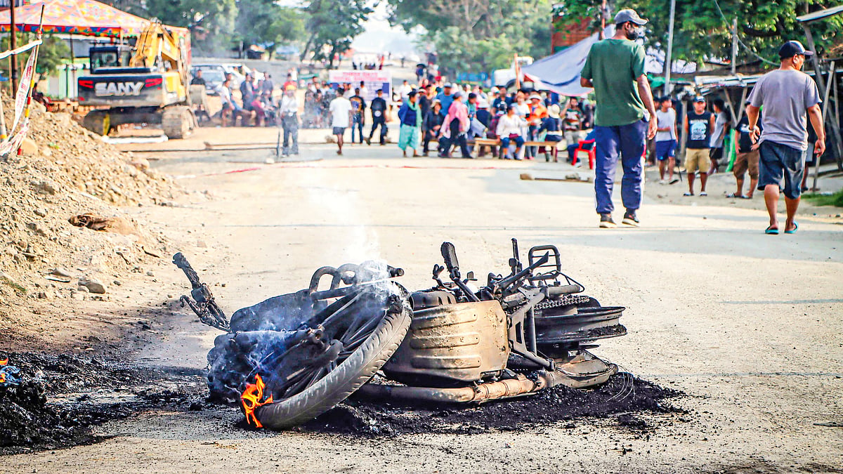 The scene in Imphal West after protests over the killing of two Naga men 