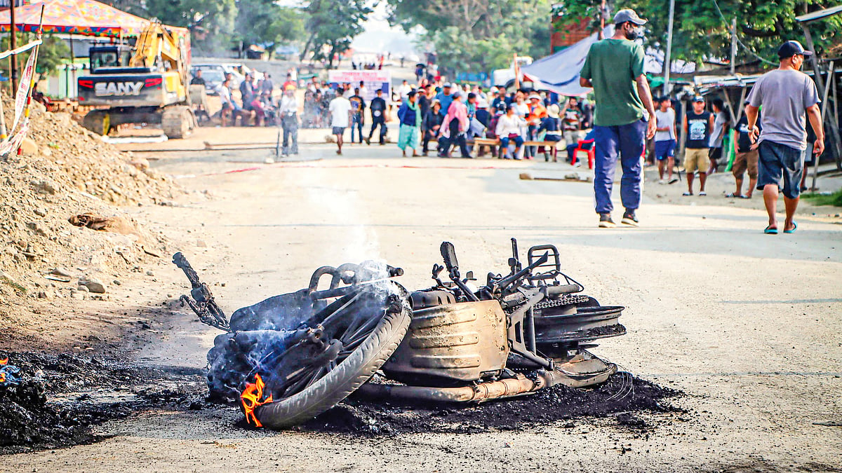 The scene in Imphal West after protests over the killing of two Naga men 