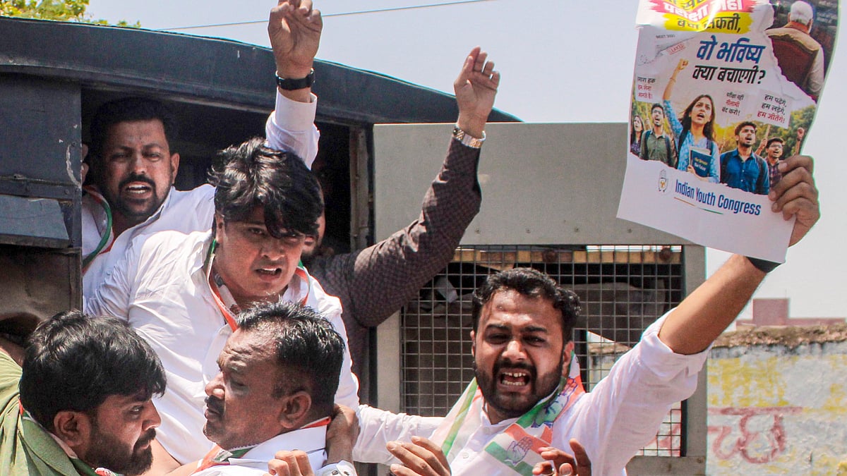 Youth Congress supporters during a protest over the NEET-UG paper leak, in Solapur, Maharashtra, 17 May