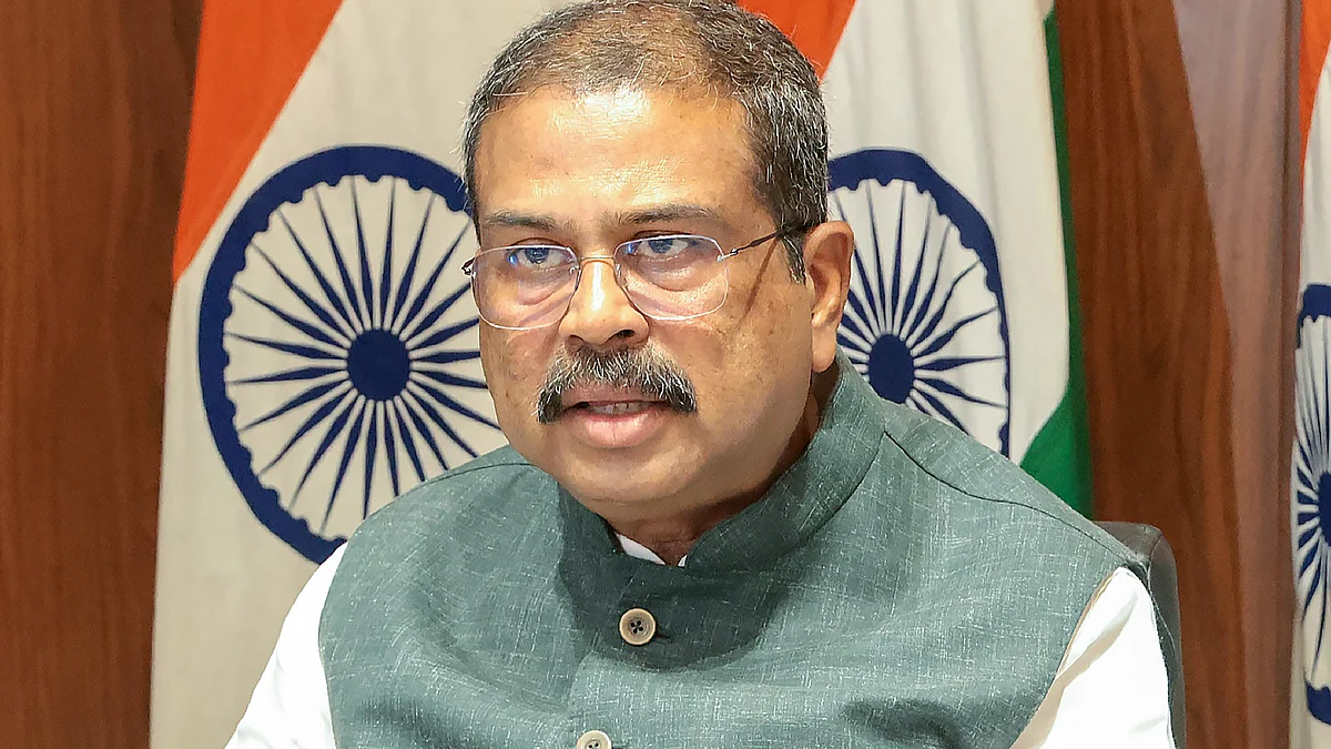 Dharmendra Pradhan addresses a press conference in New Delhi.