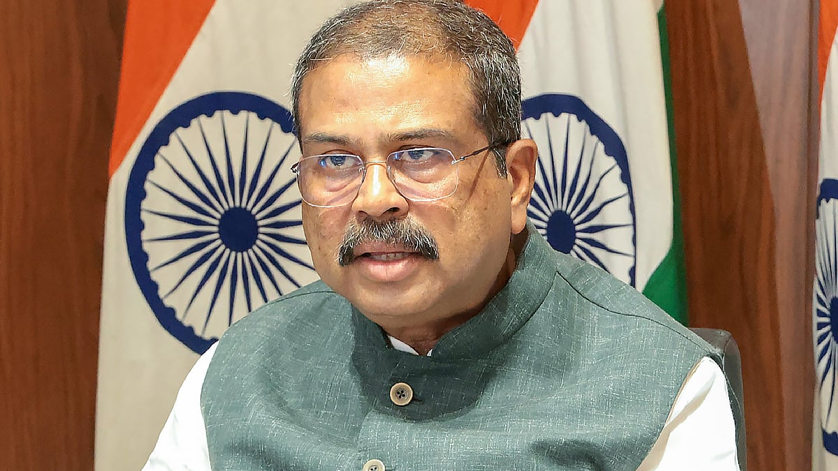 Dharmendra Pradhan addresses a press conference in New Delhi.
