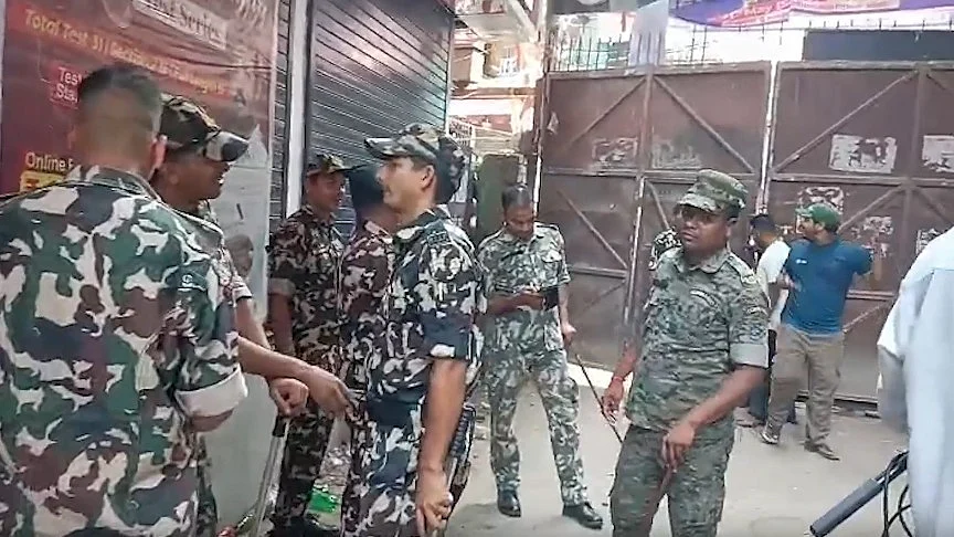 Security personnel outside Khan Sir’s coaching centre.