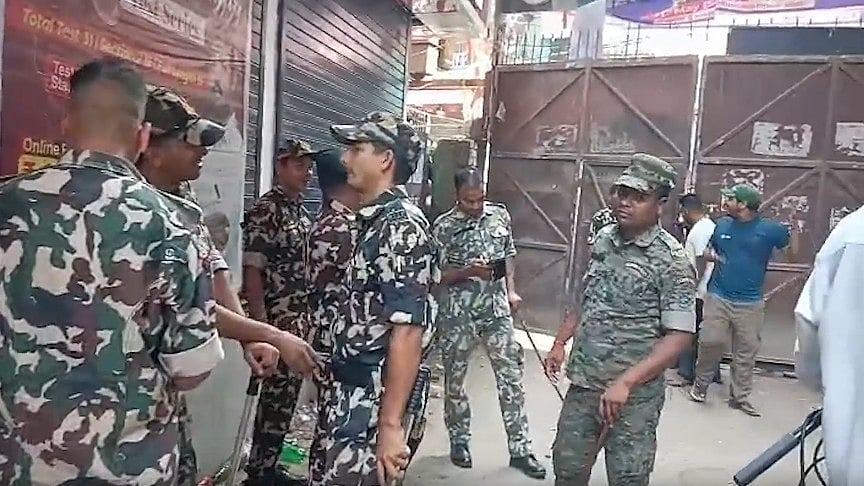 Security personnel outside Khan Sir’s coaching centre.