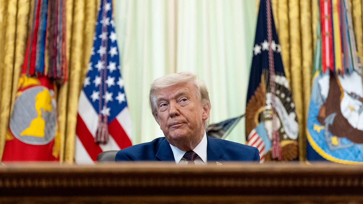 Donald Trump speaks in the Oval Office of the White House.