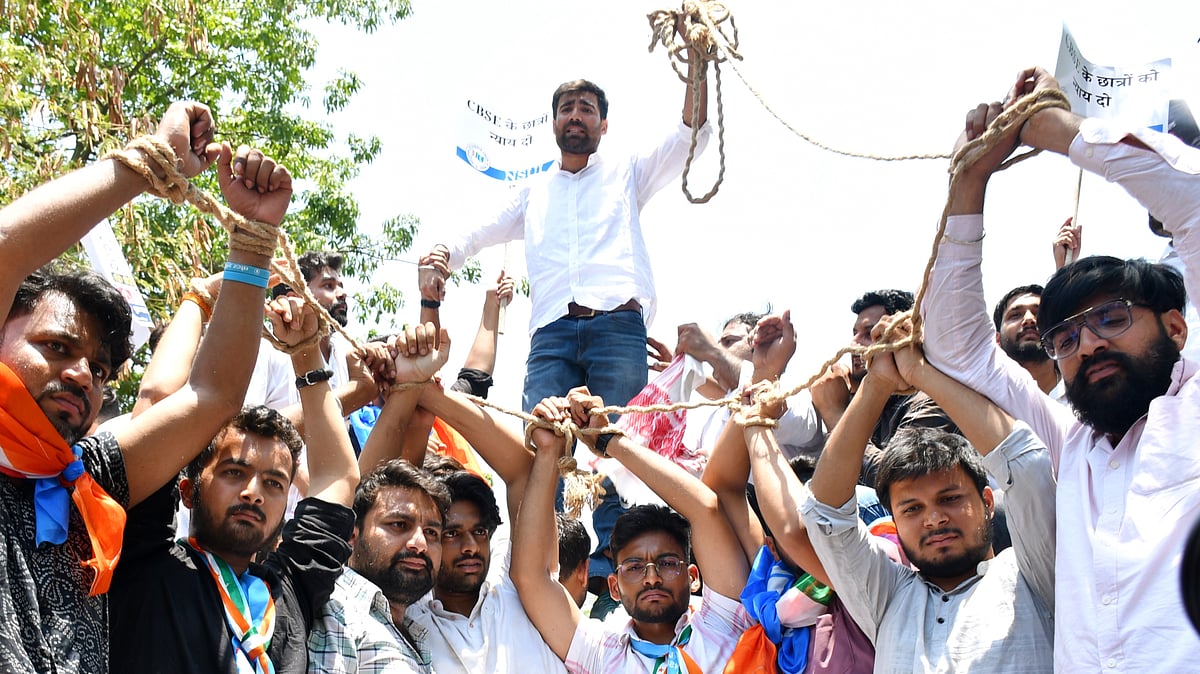 An NSUI protest against the OSM evaluation system outside the CBSE HQ in New Delhi, 30 May