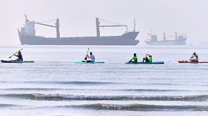 People paddle along the shoreline with cargo ships anchored in the Strait of Hormuz, 1 June
