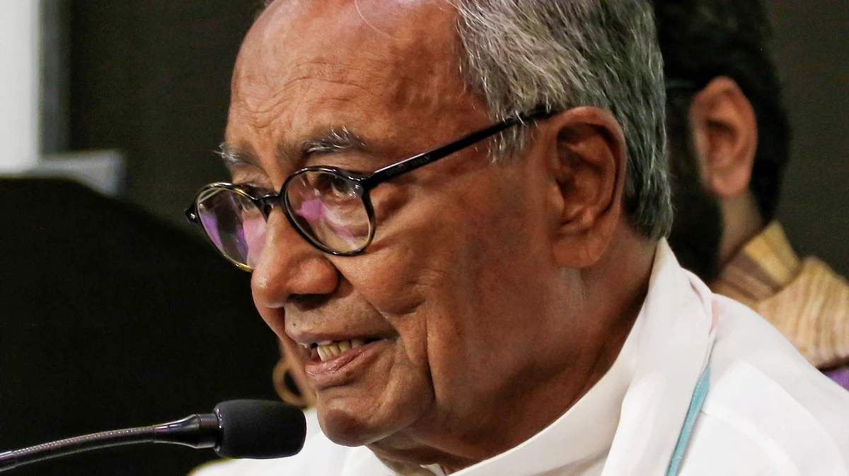 Digvijaya Singh addresses a press conference in New Delhi.