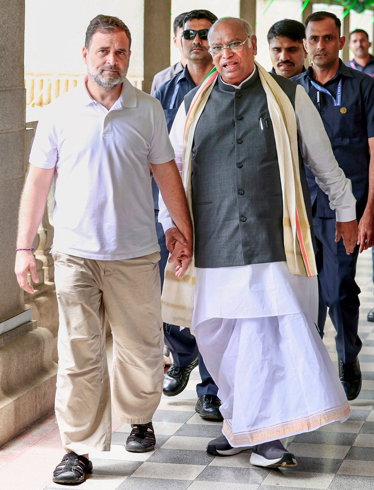 Rahul Gandhi with Congress president Mallikarjun Kharge as the latter files nomination papers for the Rajya Sabha